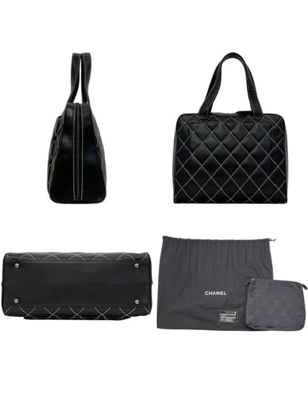 Chanel Handbag Black Wild Stitch Tote Lambskin CC Logo Fastener